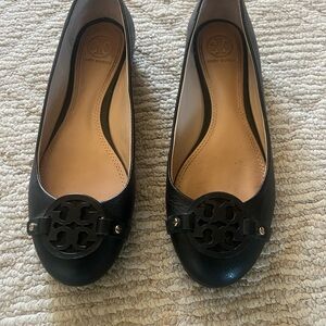 Tory Burch Black Leather Flats with Signature Emblem